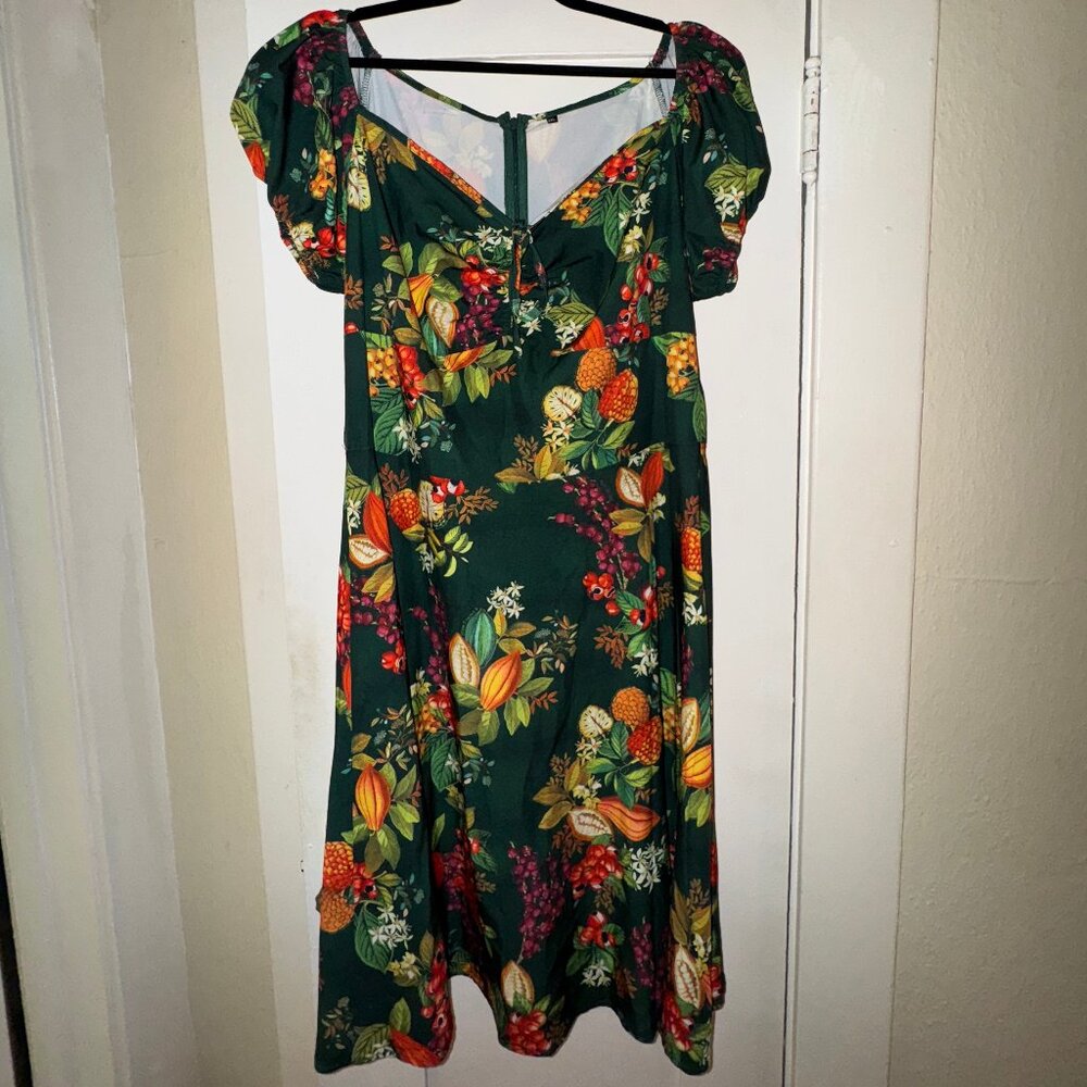 1950s-Style Deep Green Garden/Floral/Fruit Print Swing Dress (Size 2XL)